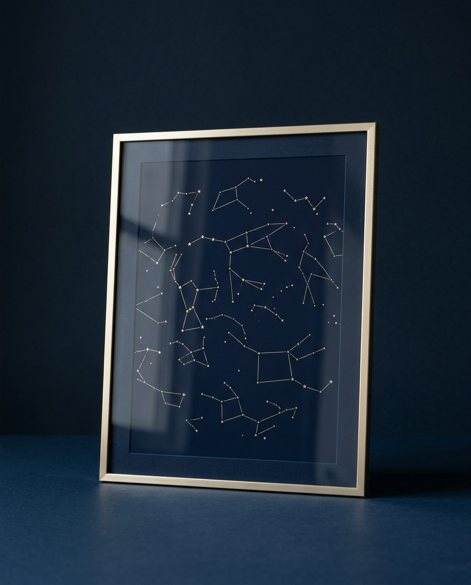 Illustration générée d’une carte du ciel encadrée, fond bleu nuit et constellations dorées