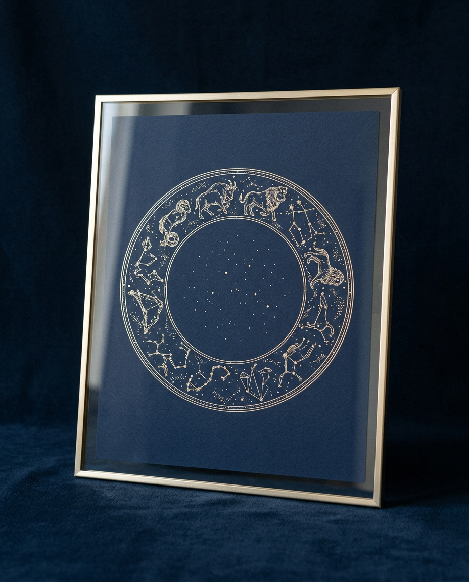 Illustration générée d’une carte du ciel circulaire encadrée, ornée de constellations zodiacales dorées