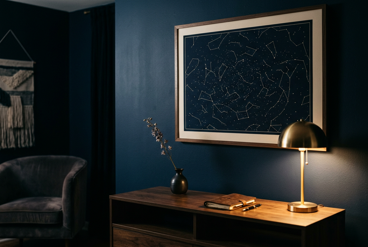 Illustration générée d’un salon sombre où une carte du ciel encadrée est accrochée au mur, à côté d’une lampe en laiton